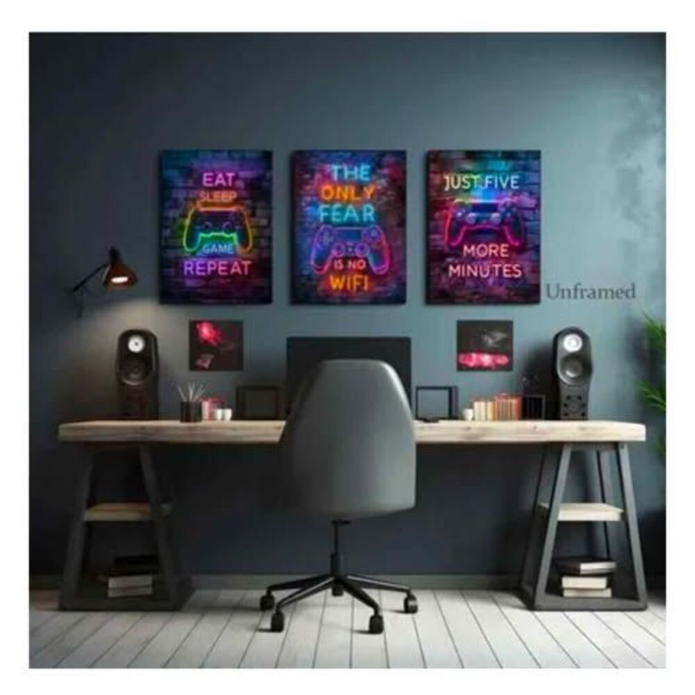 Set of 3 wall art for Gamer Room NEON black light fluorescent Canvas